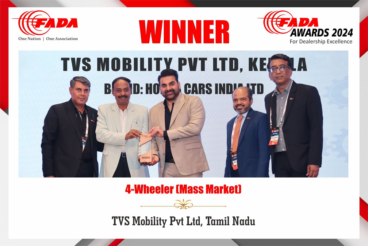 FADA_India's tweet photo. #FADAAwards2024 - 4-Wheeler (Mass Market): Winner - TVS Mobility Pvt Ltd, Tamil Nadu, Honda Cars India Ltd
#FADA #ONOA #FADAAwards #DealershipExcellence https://t.co/8cFq0bVwVs