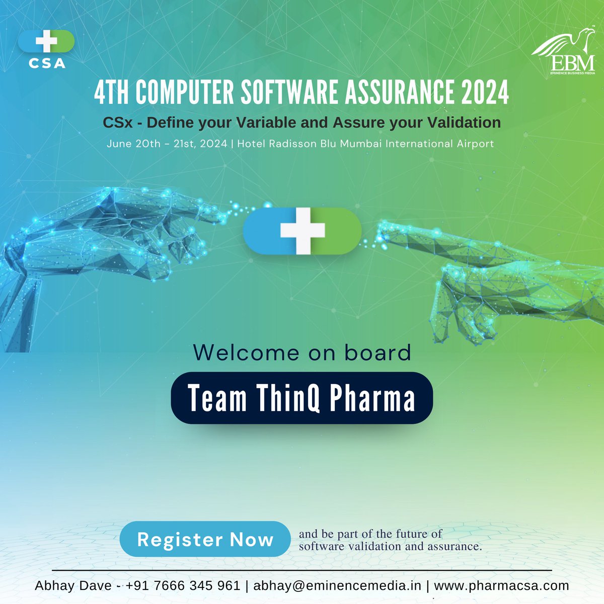 eminence_group9's tweet image. Welcome on board team THINQ Pharma  the 4th Computer Software Assurance 2024 CSx-Define your Variable and Assure your Validation scheduled for June 20th-21st, 2024. 
Register today - lnkd.in/dx8FktNu
#ebmcsa2024 #computersoftwareassurance 
#eminencebusinessmedia
