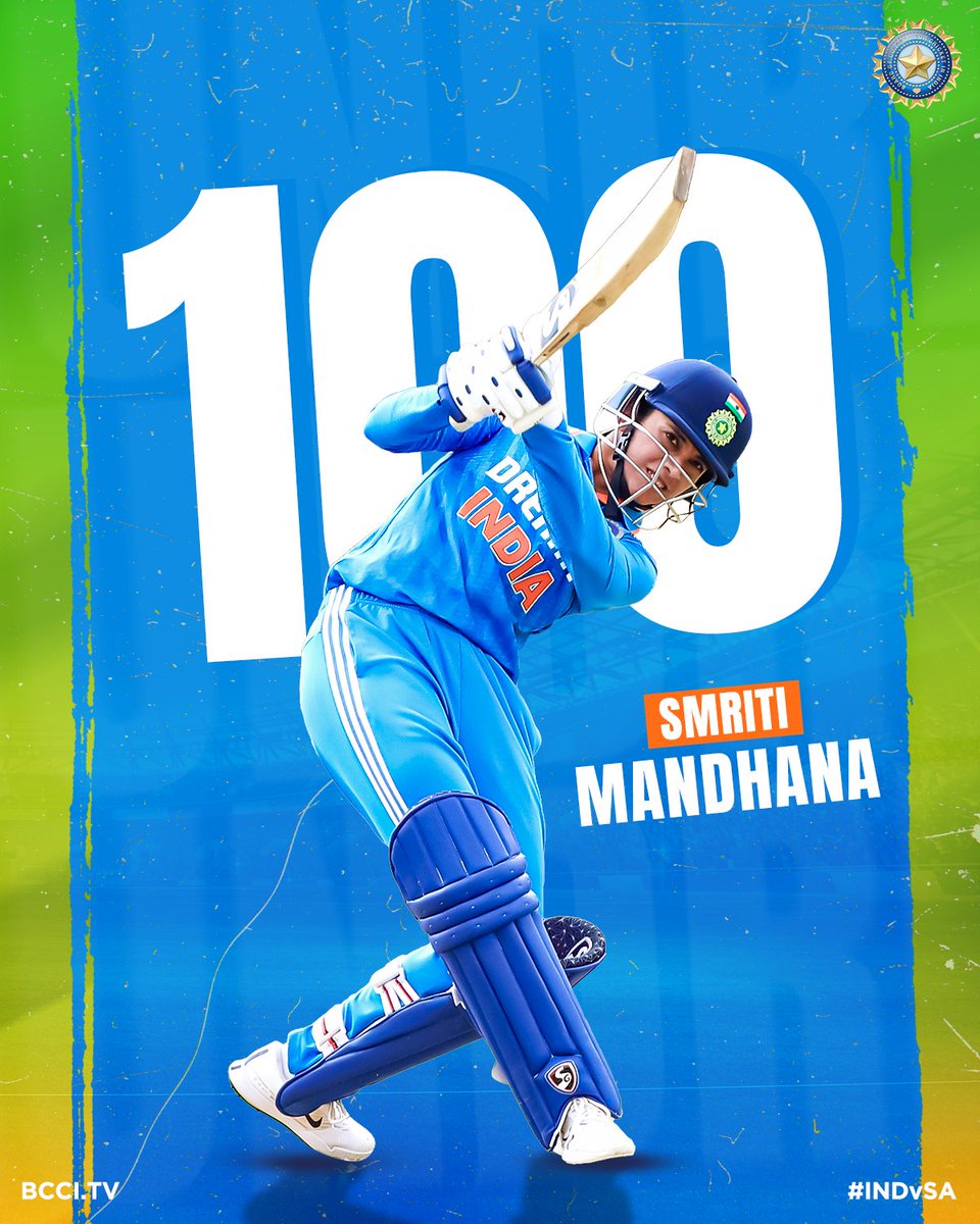 BCCIWomen's tweet photo. 2⃣nd successive 💯 of the Series
7⃣th overall 💯 in ODIs 

Smriti Mandhana continues to weave her magic 🪄

What a well-paced knock this is from the #TeamIndia vice-captain! 🙌 🙌

Follow The Match ▶️ https://t.co/j8UQuA5BhS 

#INDvSA | @mandhana_smriti | @IDFCFIRSTBank https://t.co/ktCxfh6aK4