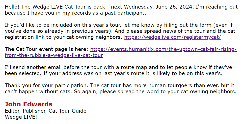 WedgeLIVE's tweet photo. I'm sending desperate emails a week out from the big day. We need more Wedge neighborhood cats. Especially if you're a block or two from Mueller Park.
https://t.co/TftrnKGcOF https://t.co/yqV4JX4FAB