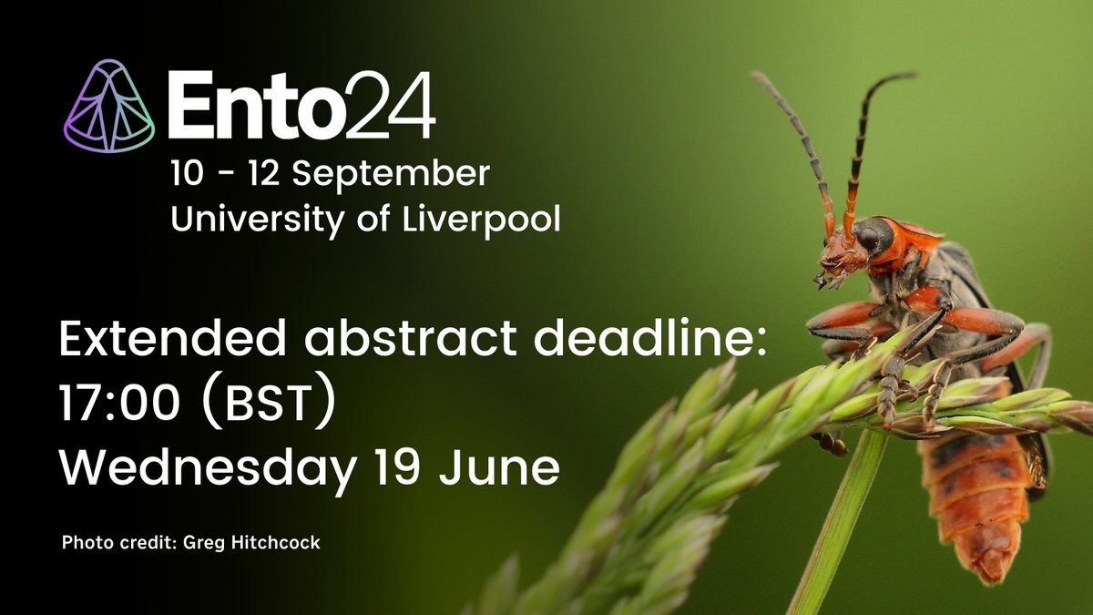 📢 LAST CALL! 

We’ve given you some extra time to submit your abstract for #Ento24.

Don’t miss your chance to present your research to a large audience across the field of insect science.

📅 Deadline: 17:00 (BST), Wed 19 June

royensoc.co.uk/ento24-abstrac…