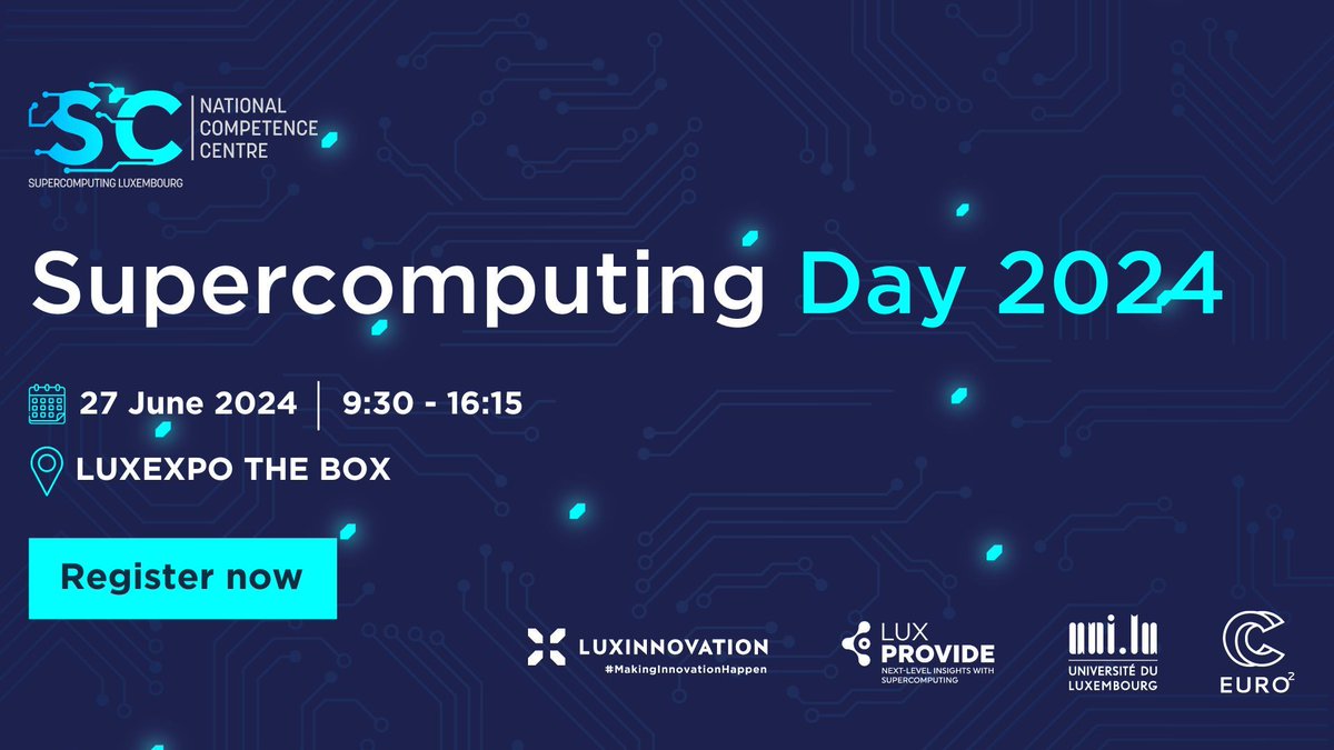 EuroHPC Joint Undertaking (@eurohpc_ju) on Twitter photo Join the <a href="/luxprovide/">@LuxProvide</a> Supercomputing Day 2024 on 27 June 2024 in Luxembourg!
Happening at the LuxExpo the Box, the event will feature keynote speeches, panel discussions and more.
The <a href="/EuroHPC_JU/">EuroHPC Joint Undertaking</a> will attend the event and look forward to meeting you!
➡️ events.eurocc.lu/supercomputing… Join the <a href="/luxprovide/">@LuxProvide</a> Supercomputing Day 2024 on 27 June 2024 in Luxembourg!
Happening at the LuxExpo the Box, the event will feature keynote speeches, panel discussions and more.
The <a href="/EuroHPC_JU/">EuroHPC Joint Undertaking</a> will attend the event and look forward to meeting you!
➡️ events.eurocc.lu/supercomputing…