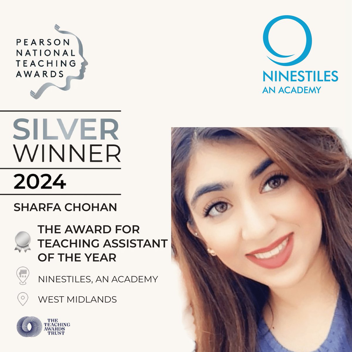 Proud to announce: Silver Award Winner Sharfa Chohan!

The Pearson National Teaching Award for Teaching Assistant of the Year.  In recognition of your dedication and achievements. #TeachingAwards #TeachingHeroes #ThankATeacher #ClassroomHeroes #WhoHelpedYou <a href="/Summit_LT/">Summit Learning Trust</a>