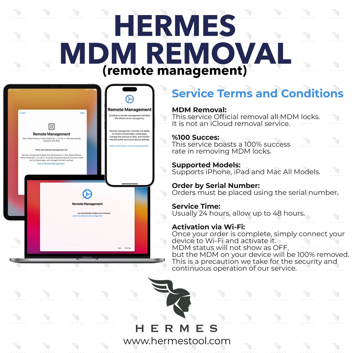 ❄️ Exciting News! ❄️

Our MDM Removal service for iPad and all Mac models has started!

We now support iPhone, iPad, and all Mac models.

Thank you,
Hermes Team