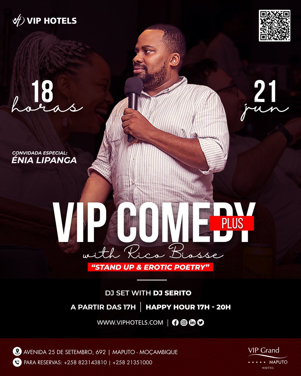 HotelVIPMoz's tweet photo. Chegou a 2ª Edição do VIP COMEDY PLUS com Rico Biosse!

📅 : Sexta-feira, 21 de Junho
⏰: As portas abrem às 17h com um super Happy Hour preparado para si.

Venha gargalhar e libertar o riso que está dentro de si.

Até lá!

#grupovipmocambique #vipgrandmaputo #vipcomedyplus https://t.co/fQh80pXVur