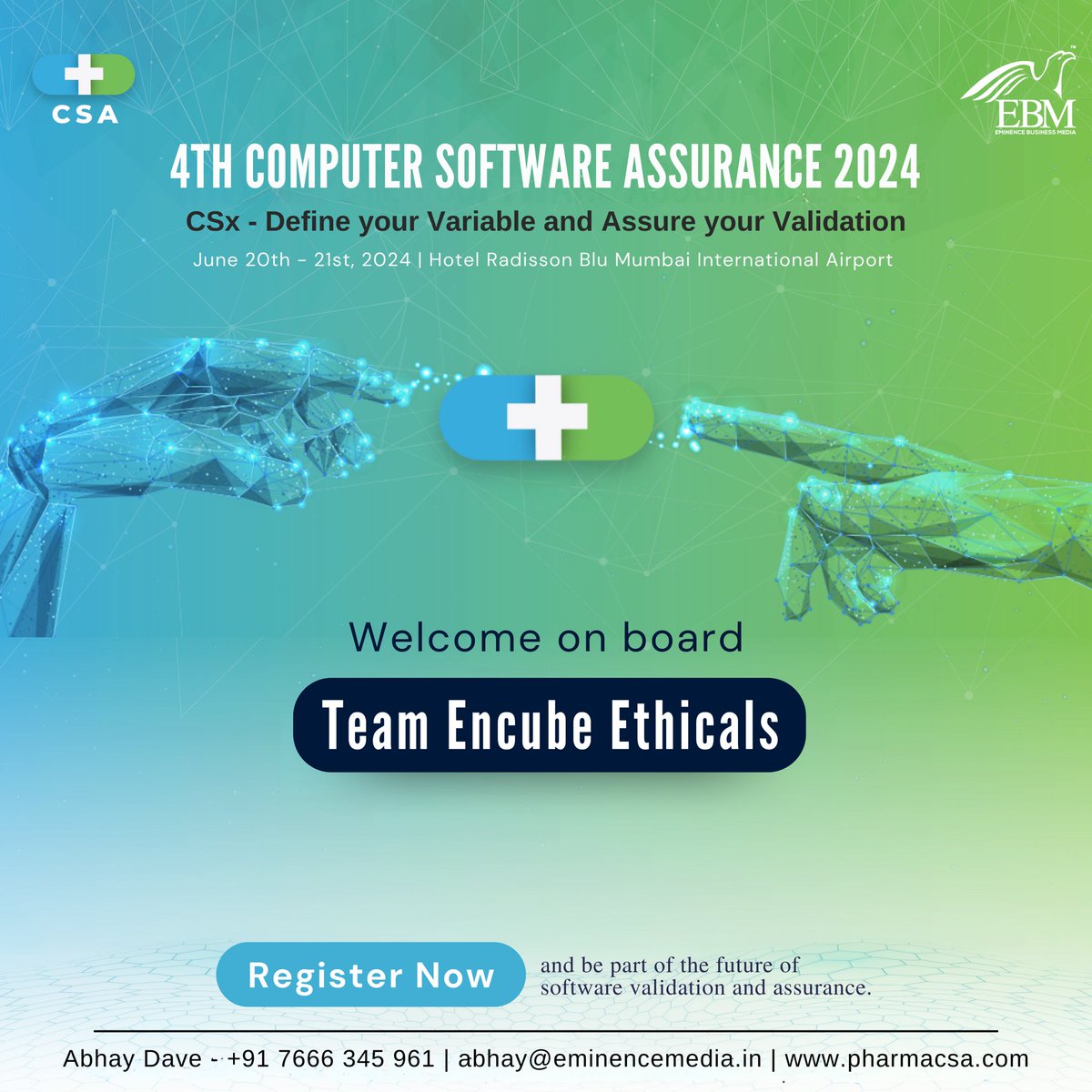 eminence_group9's tweet image. Welcome on board team Encube Ethicals  for the 4th Computer Software Assurance 2024 CSx-Define your Variable and Assure your Validation scheduled for June 20th-21st, 2024. 
Register today - lnkd.in/dx8FktNu
#ebmcsa2024 #computersoftwareassurance 
#eminencebusinessmedia