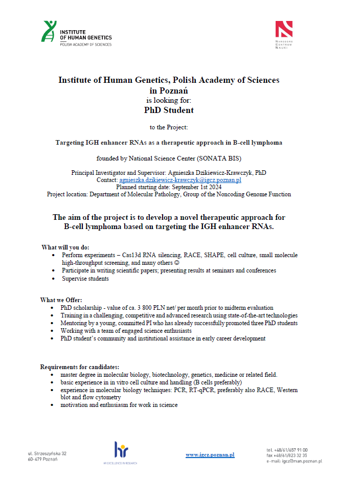 Agnieszka Dzikiewicz-Krawczyk (@agdzikiewicz) on Twitter photo 📢We're hiring! If you are looking for a brilliant kick off to your career and want to do science that makes impact, apply for a PhD position with us.
Contact: agnieszka.dzikiewicz-krawczyk@igcz.poznan.pl
Details
tinyurl.com/mvej4cwd
Please RT🙏
<a href="/NCN_PL/">Narodowe Centrum Nauki</a> #ncntotlen
<a href="/igcpan/">Instytut Genetyki Człowieka PAN</a> 📢We're hiring! If you are looking for a brilliant kick off to your career and want to do science that makes impact, apply for a PhD position with us.
Contact: agnieszka.dzikiewicz-krawczyk@igcz.poznan.pl
Details
tinyurl.com/mvej4cwd
Please RT🙏
<a href="/NCN_PL/">Narodowe Centrum Nauki</a> #ncntotlen
<a href="/igcpan/">Instytut Genetyki Człowieka PAN</a>