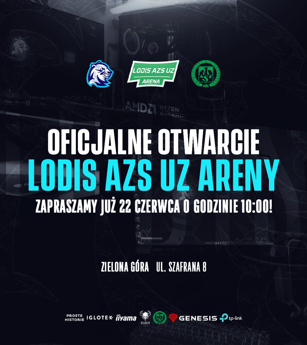Serdecznie zapraszamy na wielkie otwarcie <a href="/LODISAZSARENA/">LODIS AZS UZ ARENA</a>!

To tutaj, w sercu Zielonej Góry, nasi zawodnicy będą trenować i rozwijać swoje umiejętności.

Przyjdź i zobacz, jak wygląda przyszłość gamingu!

Dołącz do naszej e-sportowej rodziny w dniu 22.06 i bądź świadkiem narodzin