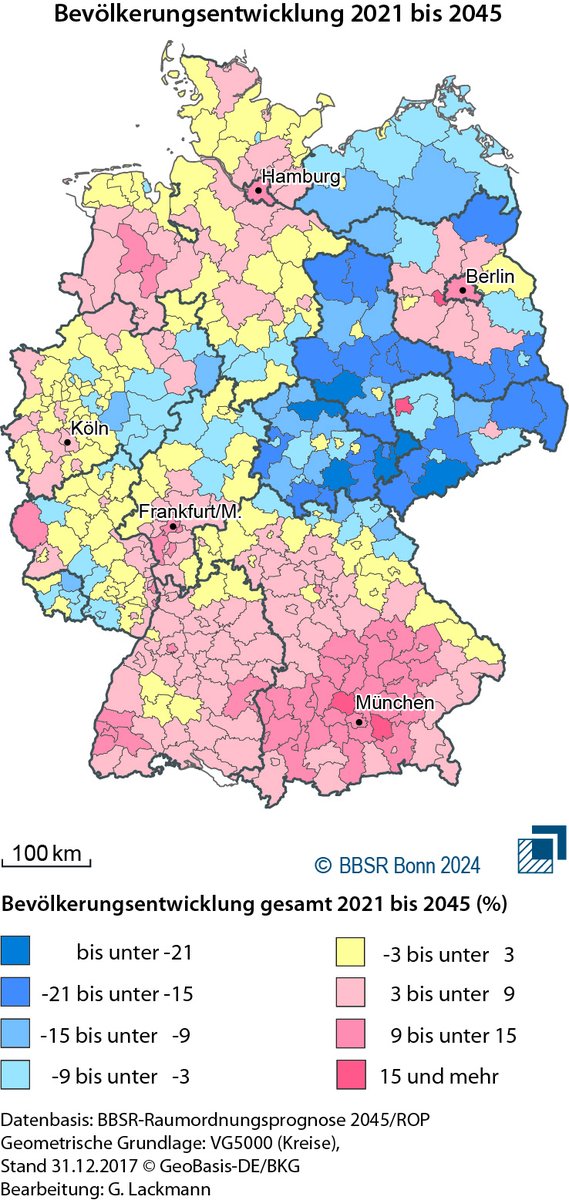 Wir haben heute unsere Bevölkerungsprognose 2045 veröffentlicht. Sie zeigt große regionale Unterschiede bei der Bevölkerungsentwicklung.
Alle Informationen und ein Dashboard mit Daten und Visualisierungen für alle Landkreise und kreisfreien Städte: bbsr.bund.de/BBSR/DE/starts…