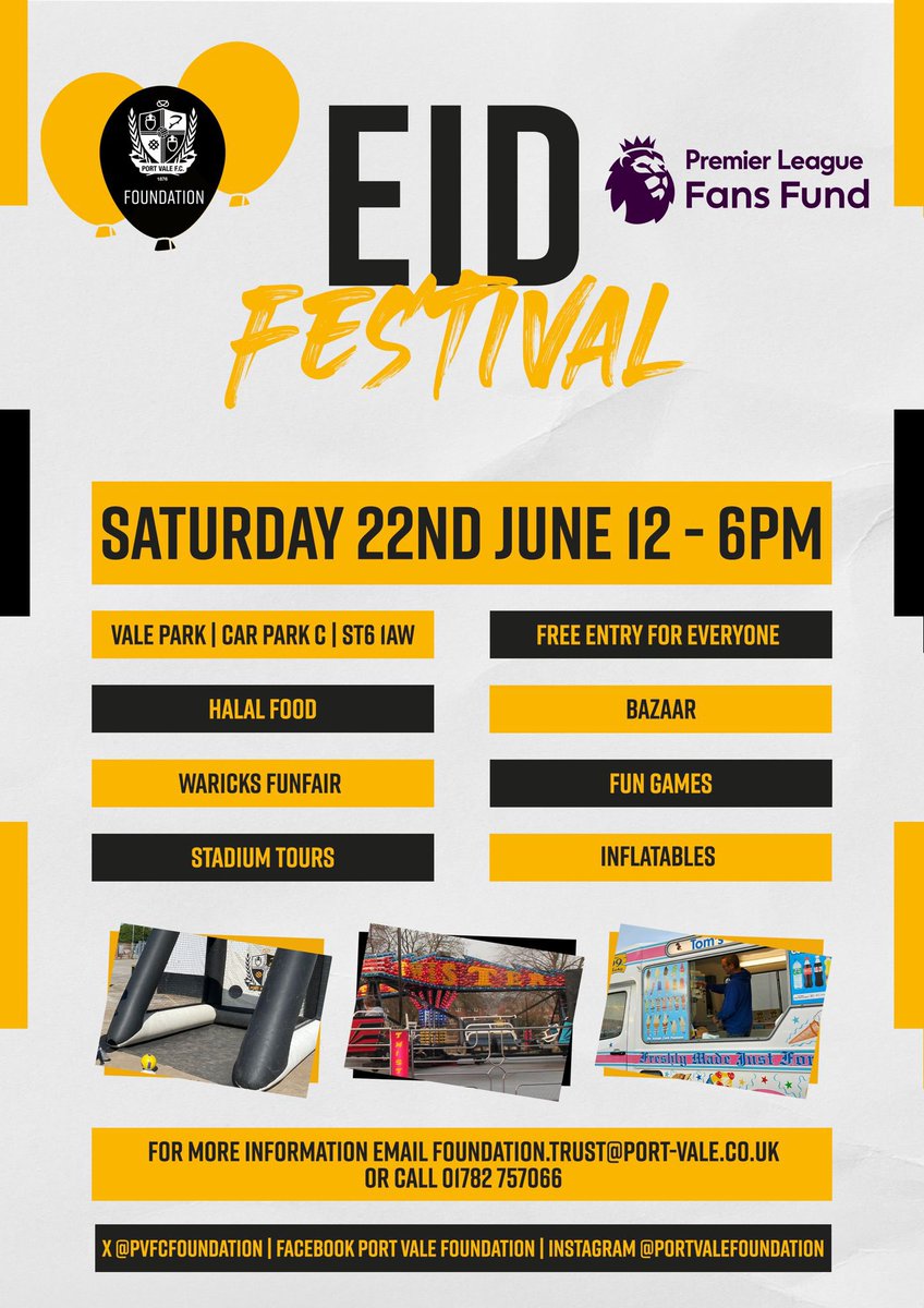On Saturday afternoon <a href="/PVFCFoundation/">Port Vale Foundation</a> are excited to be hosting an Eid festival at the club with free entry for everyone!

Come along and enjoy some family friendly fun! 

For more details ⬇️