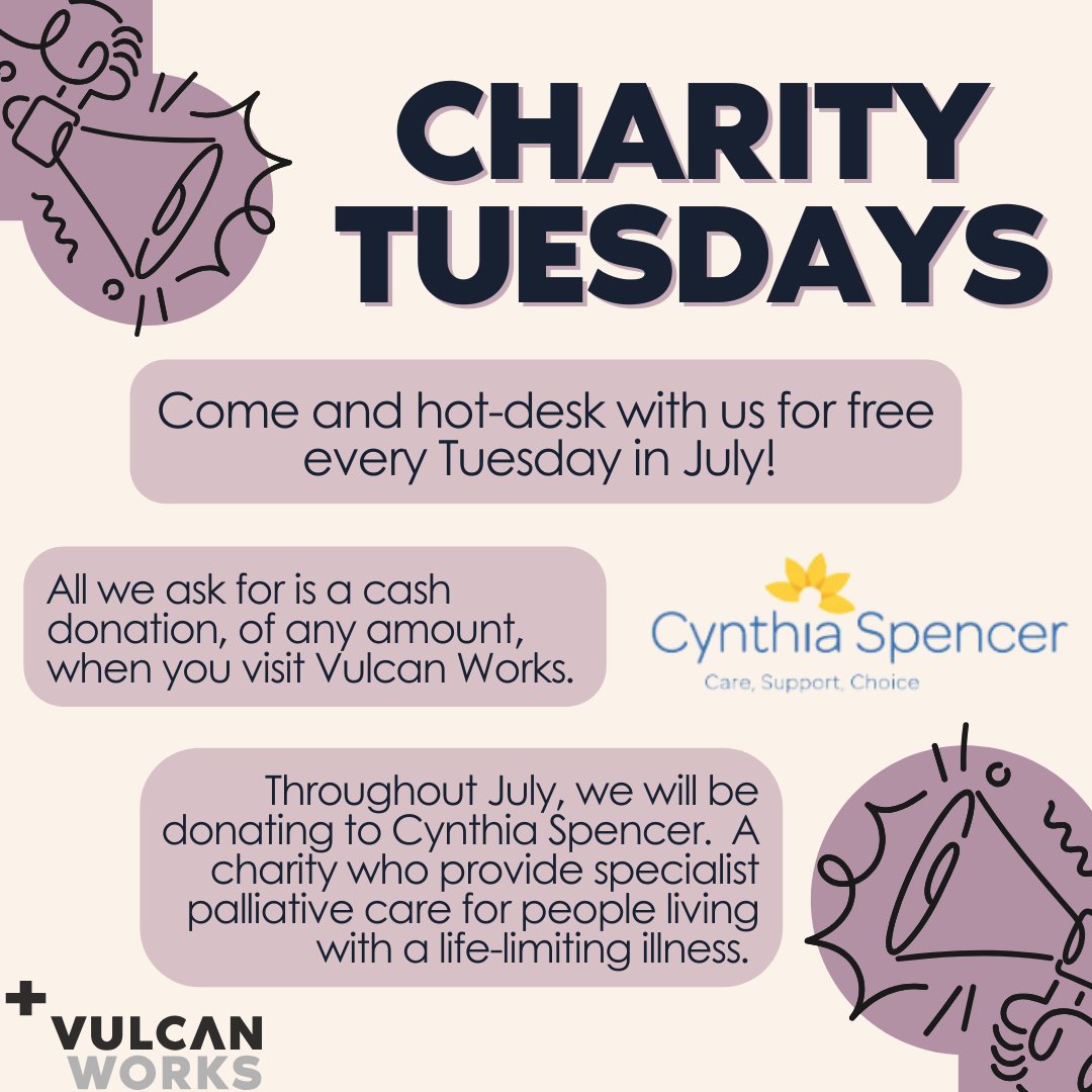 Introducing Charity Tuesdays!🙌

Every Tuesday in July you can come and hot-desk with us for free! All we ask is a cash donation of any amount when you visit Vulcan Works✨

❤️
