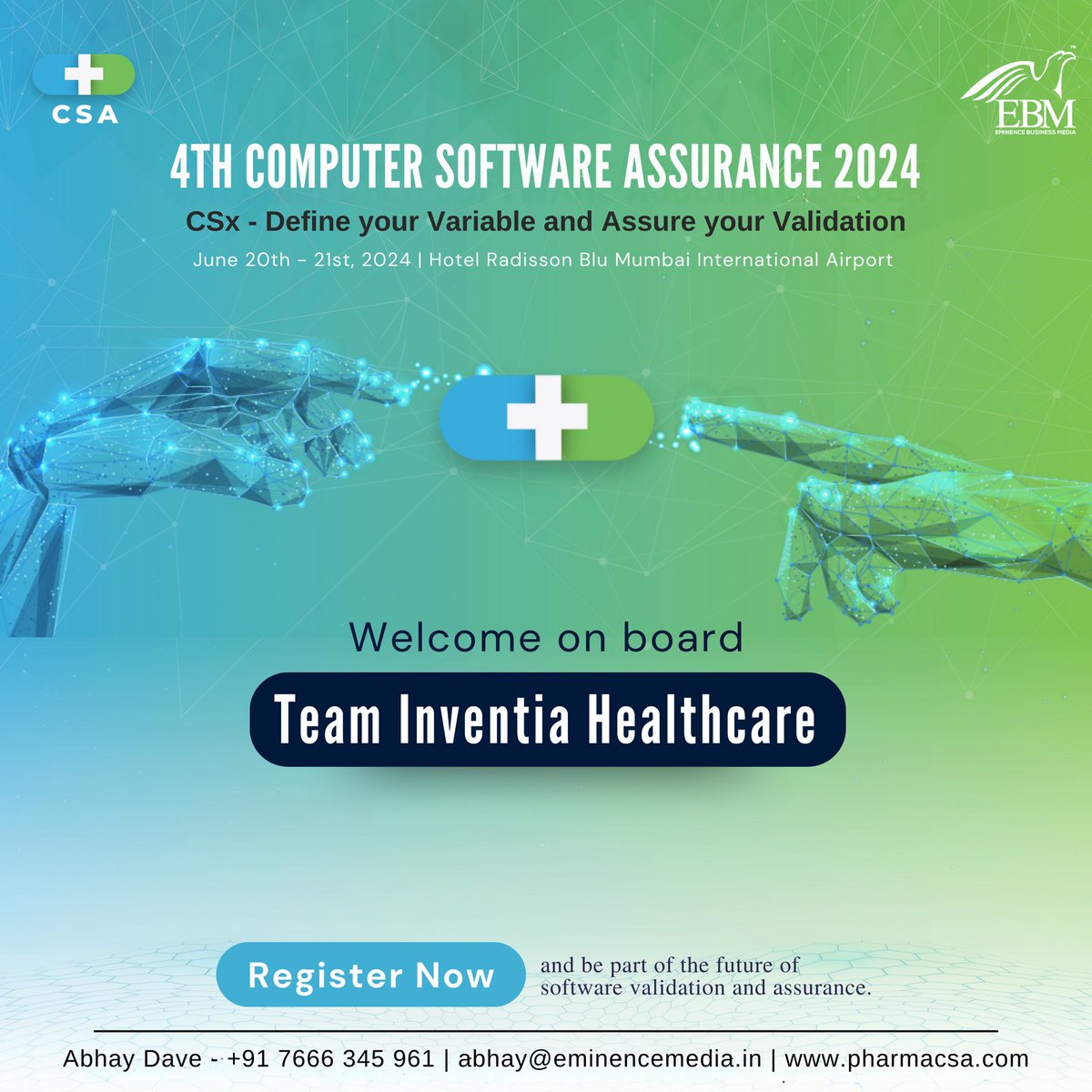 eminence_group9's tweet image. Welcome on board team Inventia Healthcare Limited  the 4th Computer Software Assurance 2024 CSx-Define your Variable and Assure your Validation scheduled for June 20th-21st, 2024. 
Register today - lnkd.in/dx8FktNu
#ebmcsa2024 #computersoftwareassurance