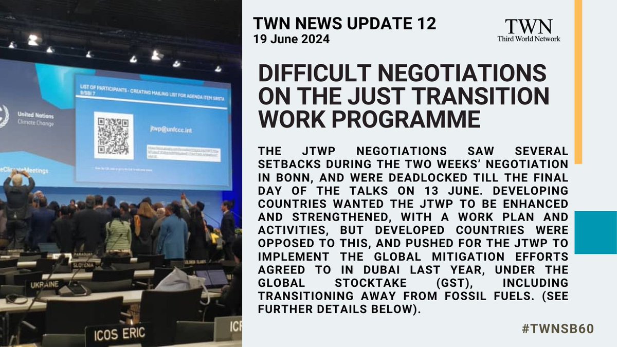 The concluded climate talks under the UNFCCC’s SBs in Bonn, saw Parties finally agree to a further consideration of the Just Transition Work Programme (JTWP) in Baku, Azerbaijan, in November 24, after long &amp; intense negotiations on the way forward.

➡️ twn.my/title2/climate…
