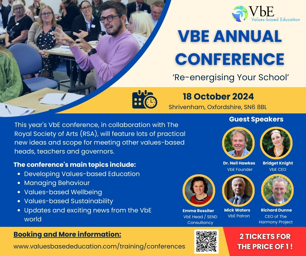 vbezone's tweet image. We have just released an exciting provisional agenda for our Annual Conference, Re-energising Your School, on 18 October at Shrivenham, Oxfordshire.

To see the provisional agenda and to book tickets:
valuesbasededucation.com/training/confe…

#vbezone #valuesbasededucation #valueseducation