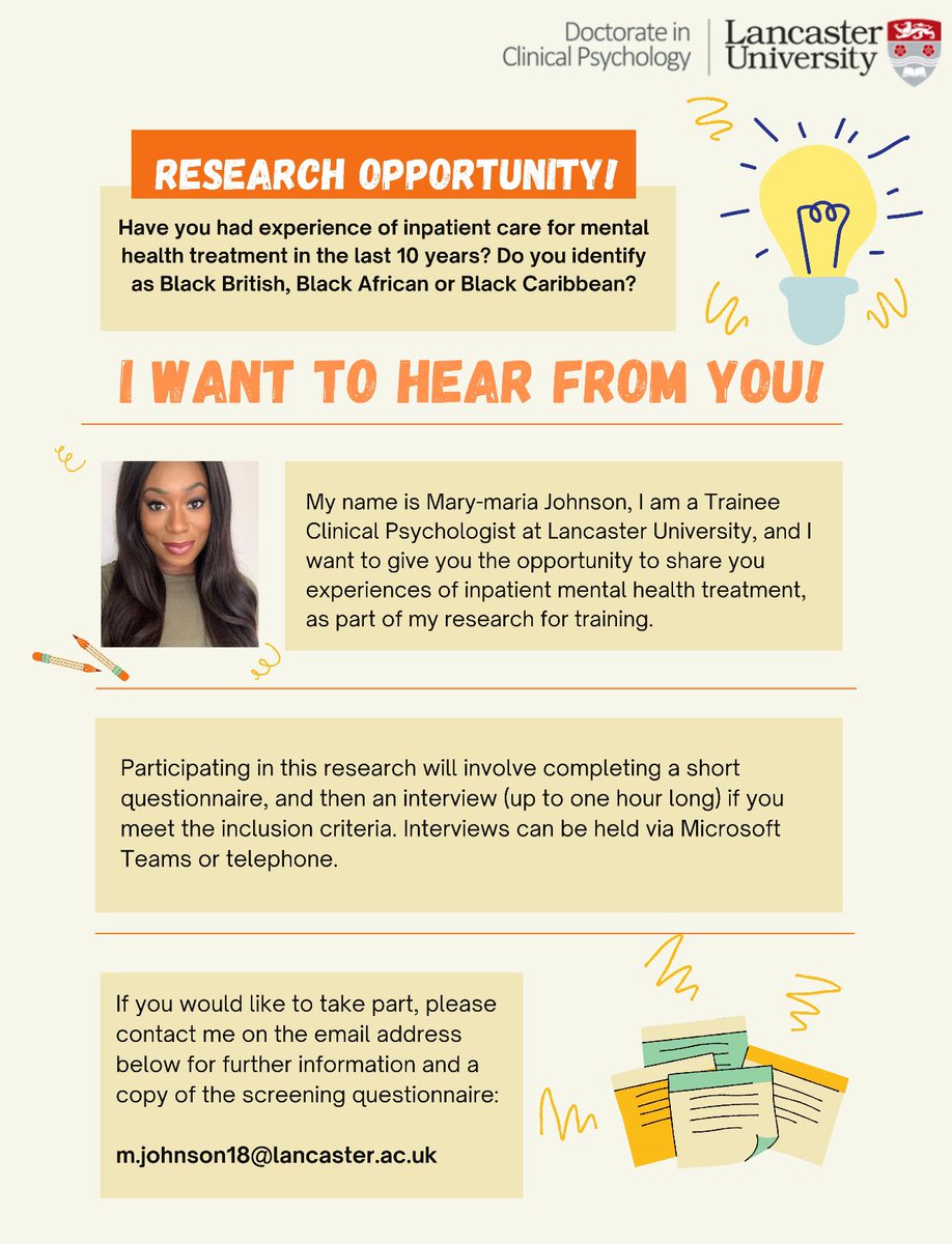📢📢 Participants Needed 📢📢

Exploring the experiences of inpatient mental health care for Black patients.

<a href="/LancsDClinPsy/">Lancaster DClinPsy</a>