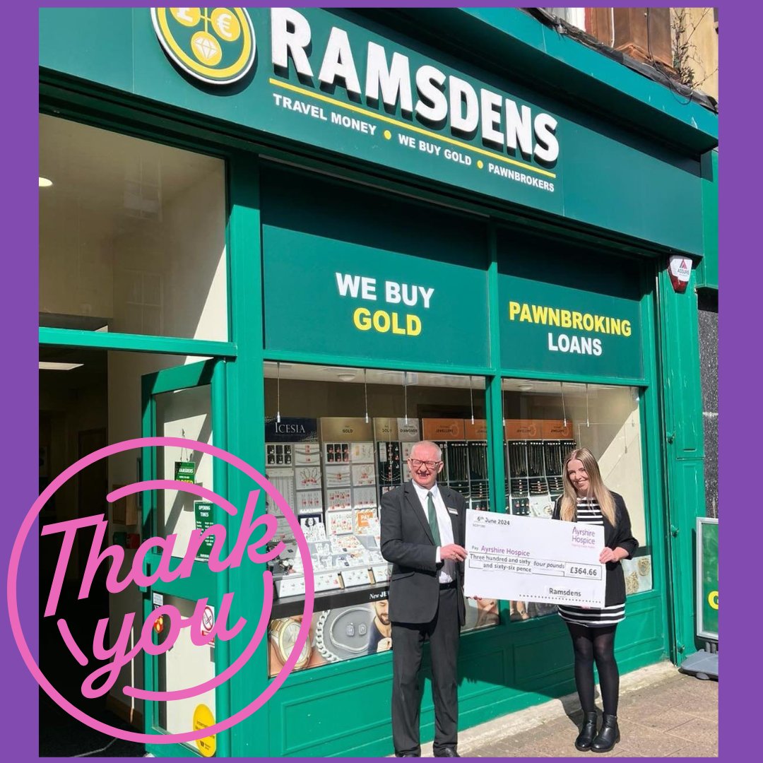 Through <a href="/ramsdenscash/">RAMSDENS</a> loose change scheme, Ramsdens Ayr has raised an amazing £364.66 in aid of the Hospice. Emily from our Fundraising team was delighted to pop down to meet the team and say thank you.
 
Support from businesses like Ramsdens helps us provide vital care and