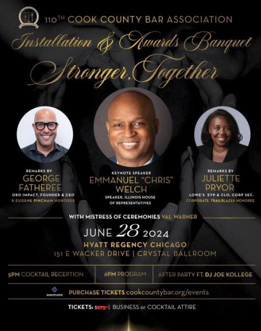 🎉 In honor of Juneteenth, the Cook County Bar Association is holding a FLASH SALE for our 110th Installation and Awards Banquet! 🎉 Tickets are $250.00. Get yours now while they last! 
events.eventnoire.com/e/cook-county-…
hyatt.com/en-US/group-bo…