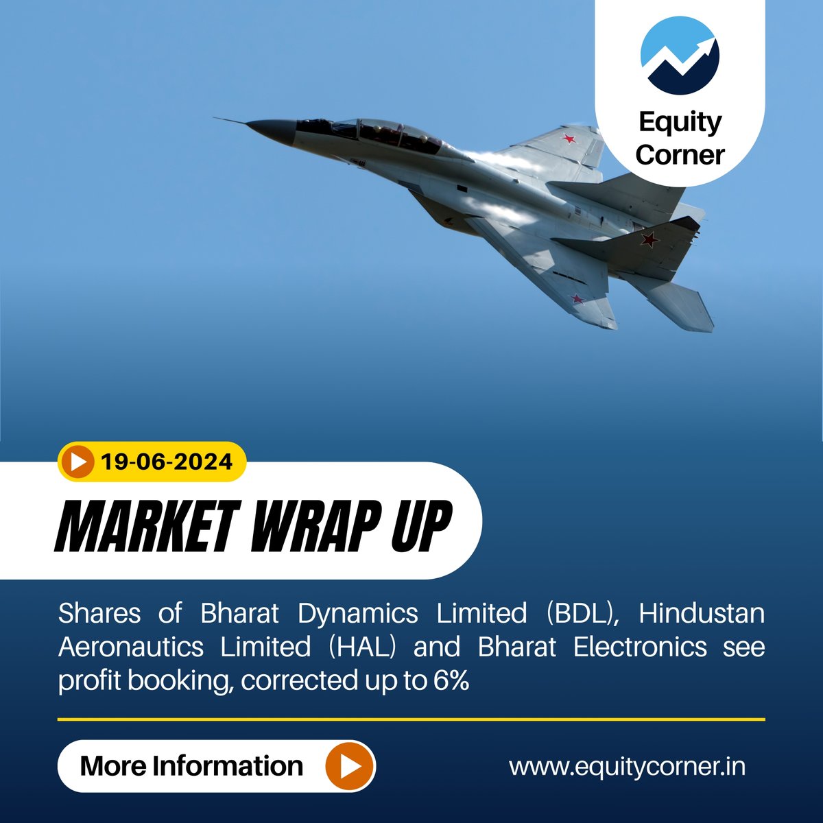 EquityCornerIn's tweet photo. 📊 Market Wrap-Up: June 19, 2024 📊

1. Shares of Bharat Dynamics Limited (BDL), Hindustan Aeronautics Limited (HAL), and Bharat Electronics corrected up to 6% due to profit booking. https://t.co/2YxlW5Wq7z