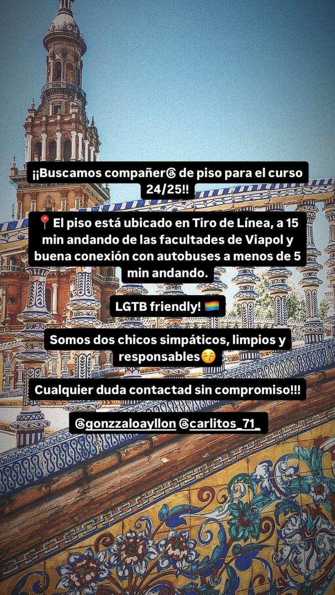 holaaa!! Buscamos compi de piso para el curso 24/25 en Sevilla!! Compartid porfi, q somos mu majetes😊🏳️‍🌈 (ig: gonzzaloayllon)
#queydondeestudiar2024
#pisosevilla #piso #buscopisosevilla