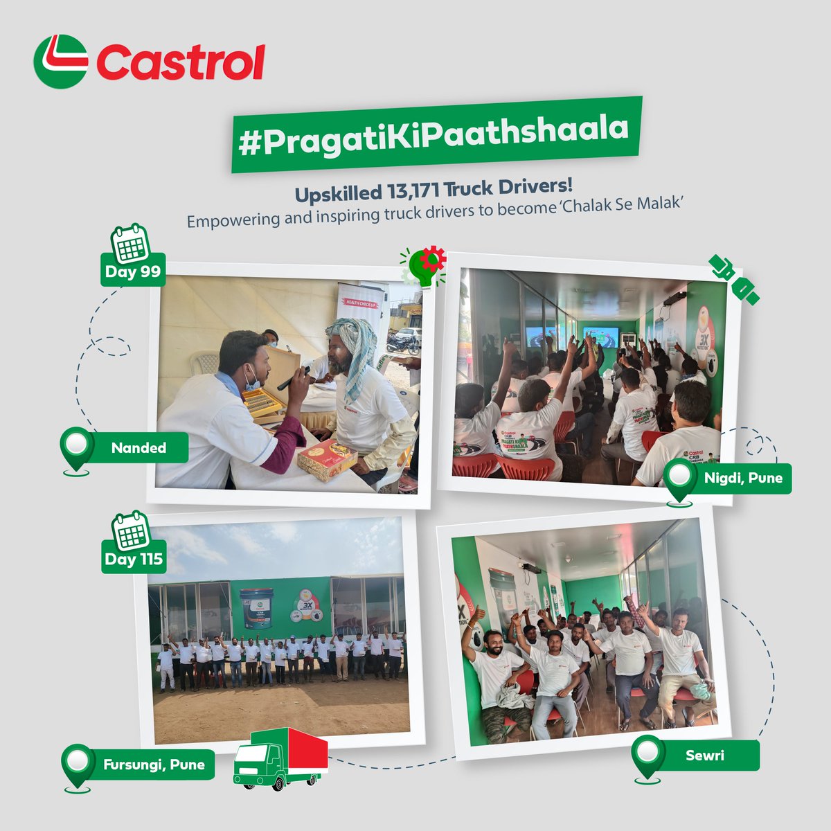 Castrol CRB TURBOMAX Pragati Ki Paathshaala concludes its journey in the cities of Nanded, Nigdi, Fursungi in Pune, and Sewri, marking a milestone by upskilling 13,171 truck drivers through this initiative Castrol CRB TURBOMAX Pragati Ki Paathshaala concludes its journey in the cities of Nanded, Nigdi, Fursungi in Pune, and Se...