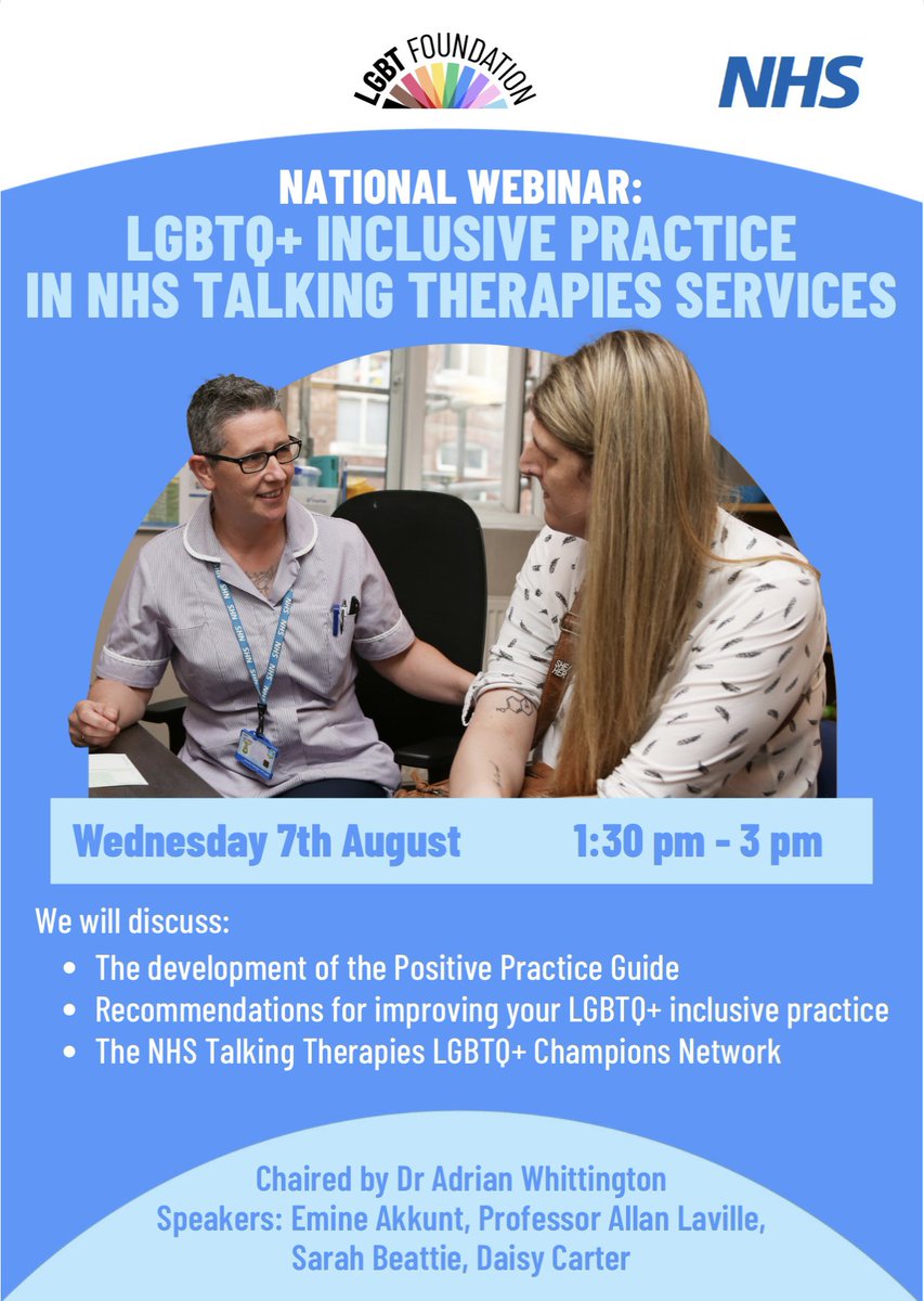 Allán Laville 🏳️🌈 (@profalaville) on Twitter photo The long awaited <a href="/NHSEngland/">NHS England</a> & <a href="/LGBTfdn/">LGBT Foundation</a> LGBTQ+ Positive Practice Guide will be published on Monday 15th July 2024! Join us on Wednesday 7th August 2024 to hear more behind this work and to bring the recommendations & case studies to life. <a href="/SBeattie0/">Sarah</a> @ASWhittington <a href="/DaisyCarterCBT/">Daisy (she/her)</a> The long awaited <a href="/NHSEngland/">NHS England</a> & <a href="/LGBTfdn/">LGBT Foundation</a> LGBTQ+ Positive Practice Guide will be published on Monday 15th July 2024! Join us on Wednesday 7th August 2024 to hear more behind this work and to bring the recommendations & case studies to life. <a href="/SBeattie0/">Sarah</a> @ASWhittington <a href="/DaisyCarterCBT/">Daisy (she/her)</a>
