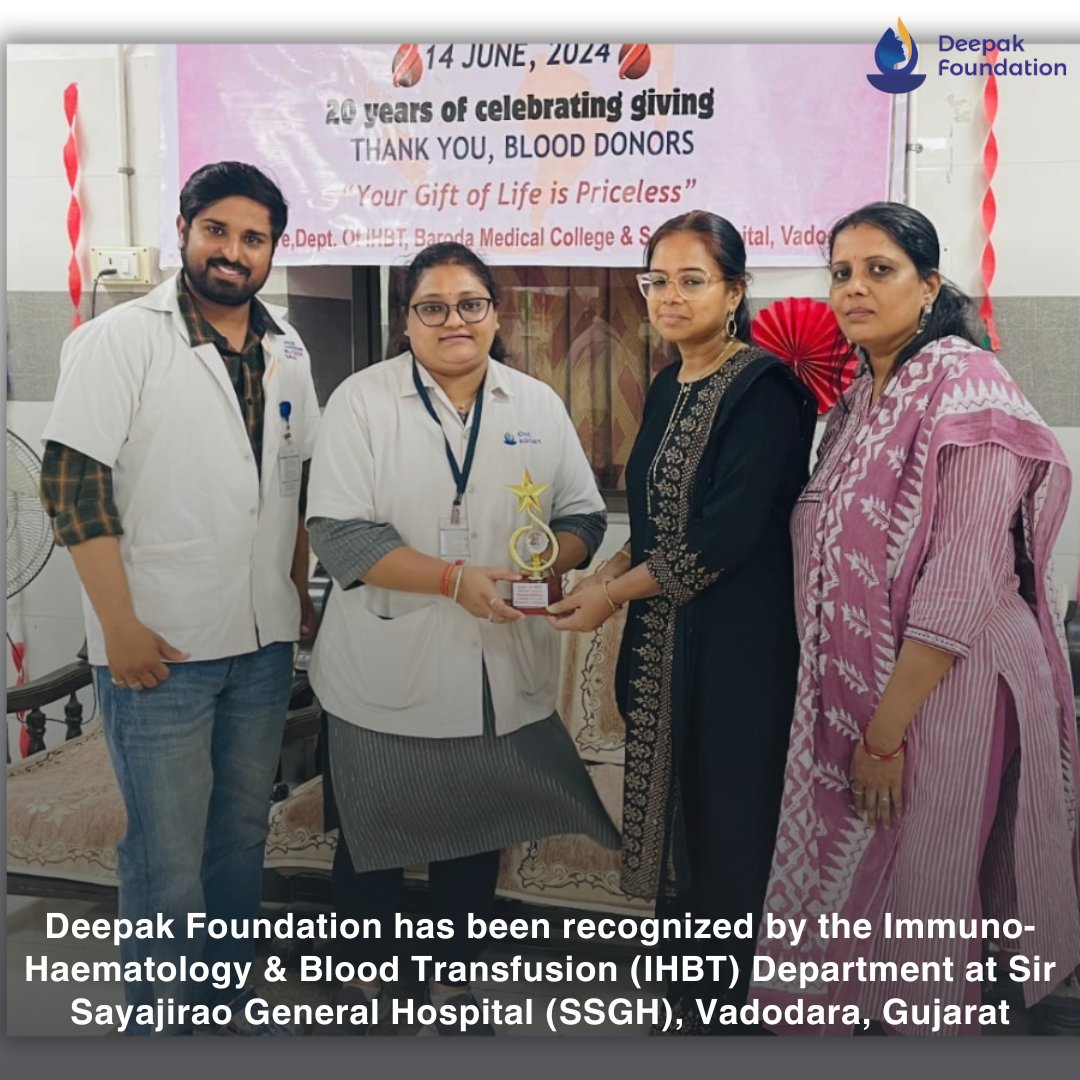 DeepakFoundatio's tweet photo. Deepak Foundation has been recognized by the #ImmunoHaematology & #BloodTransfusion (IHBT) Department at Sir Sayajirao General Hospital (#SSGH). This achievement is a testament to the dedication of Deepak Foundation team in supporting and organizing #blooddonation #camps. https://t.co/llnKi3NnkI