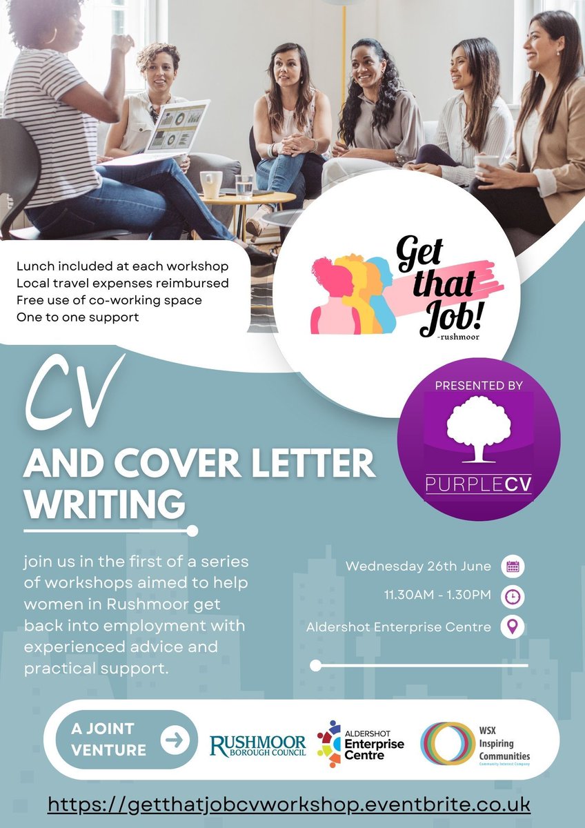 CV and Cover letter writing FREE workshop at AEC Wednesday 26th June. Book here...  buff.ly/3UWFge5  #rushmoorboroughcouncil #aldershotenterprisecentre #purplecv