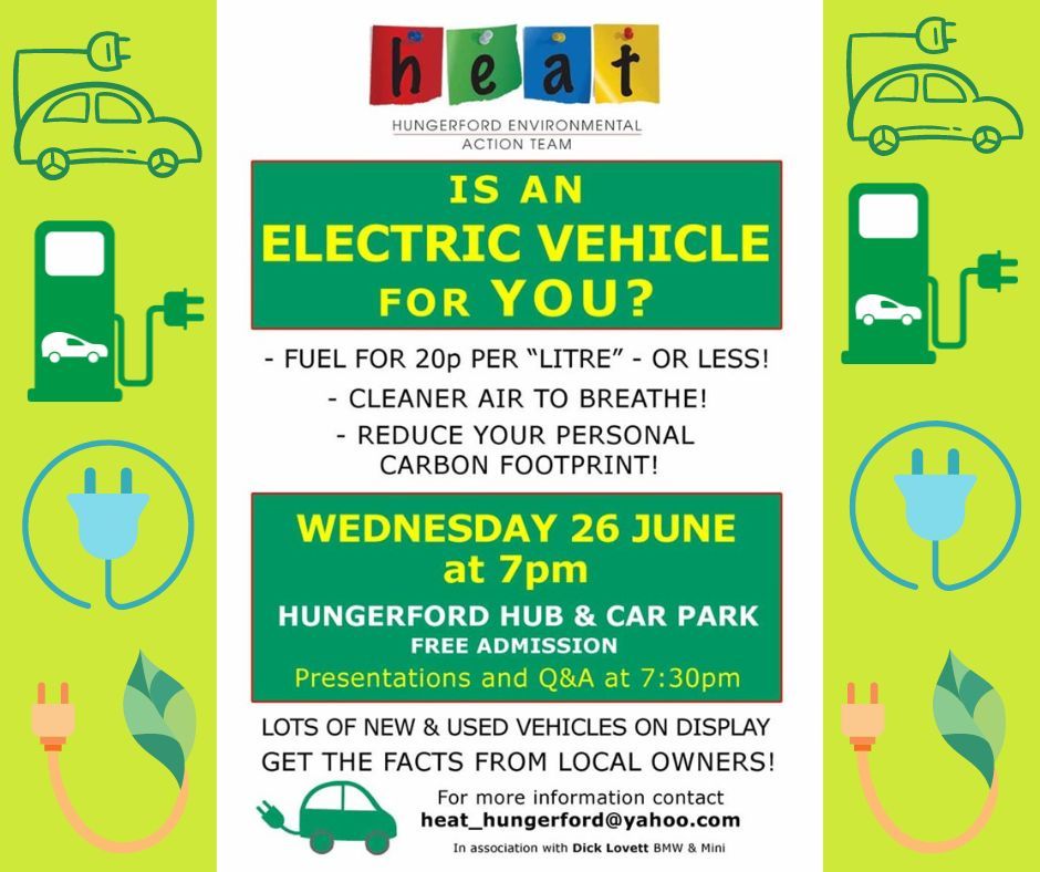 Is an Electric Vehicle for you?? 

HEATS Electrical Vehicle Event is next week! 

The Hungerford Environment Action Team (HEAT) is hosting an event on Wednesday, June 26th at 7 pm showcasing Electric Vehicles. Presentations are happening inside the HUB at 7:30 pm.