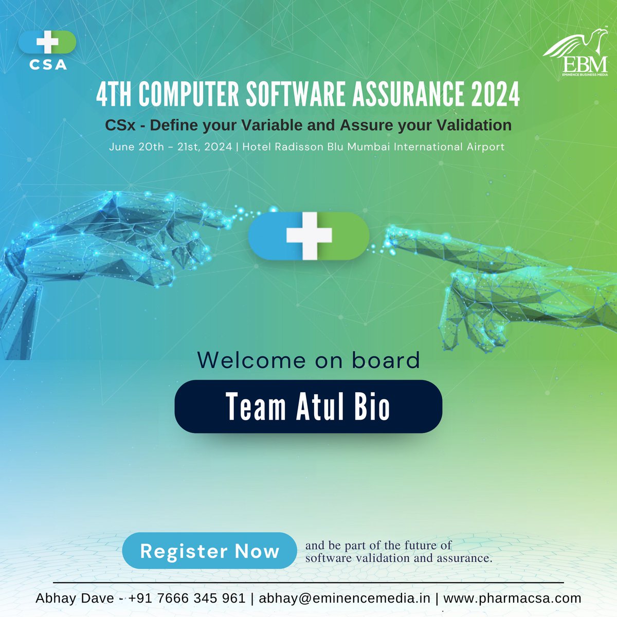eminence_group9's tweet image. Welcome on board team ATUL BIOSCIENCE LIMITED  ltd for the 4th Computer Software Assurance 2024 CSx-Define your Variable and Assure your Validation scheduled for June 20th-21st, 2024. 
Register today - lnkd.in/dx8FktNu
#ebmcsa2024 #computersoftwareassurance