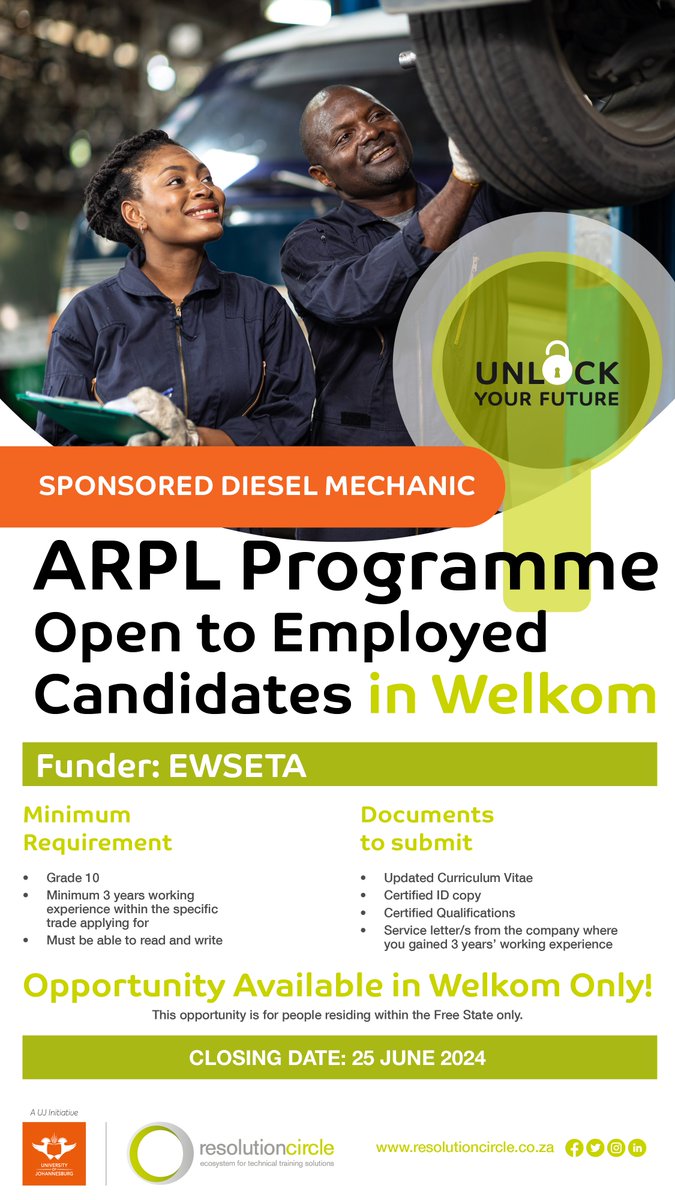 WELKOM AREA ONLY! Funded Diesel Mechanic ARPL Programme for employed candidates. Applications close on 25 June 2024. Apply here: learners.resolutioncircle.co.za/register?strea…
#resolutioncircle #UJ #welkom #ArtisanRecognition #FundedTraining #EWSETA