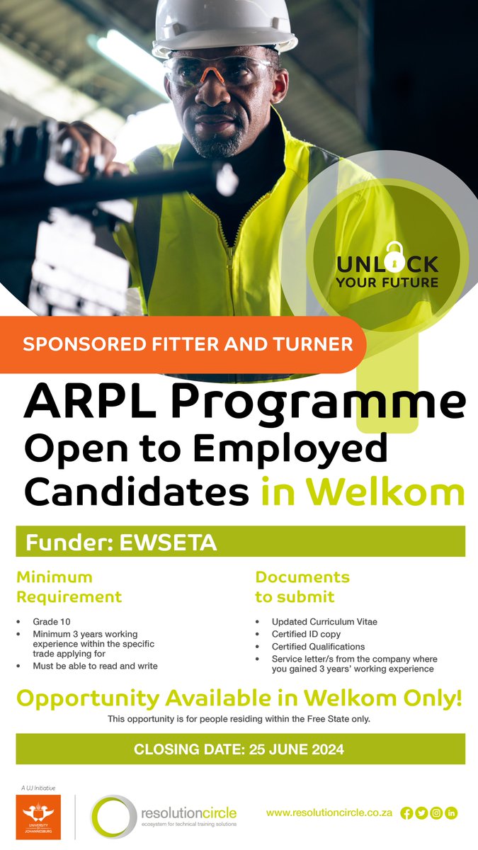 WELKOM AREA ONLY! Funded Fitter and Turner ARPL Programme for employed candidates. Applications close on 25 June 2024. Apply here: learners.resolutioncircle.co.za/register?strea…
#resolutioncircle #UJ #welkom #ArtisanRecognition #FundedTraining #EWSETA