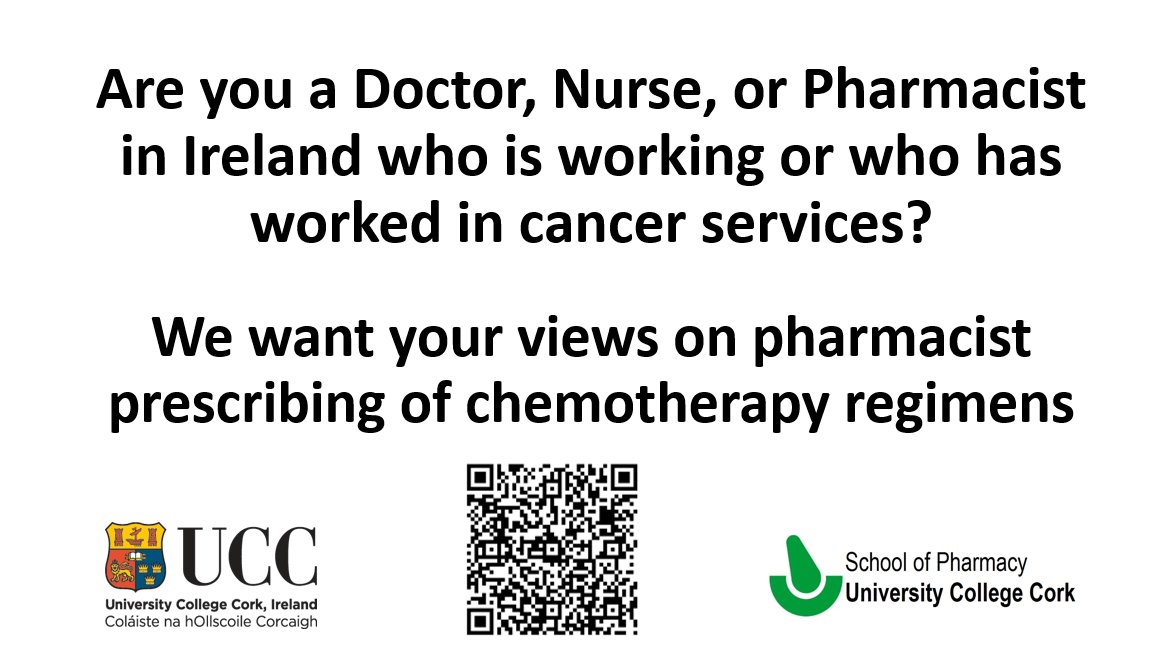 Attention #doctors, #nurses, and #pharmacists in 🇮🇪 who are working or who have previously worked in a #cancer setting.
We are conducting a survey on views of pharmacist prescribing of chemotherapy regimens. Please share with colleagues. Re-posts welcomed

forms.office.com/e/VfmXt3WKZZ