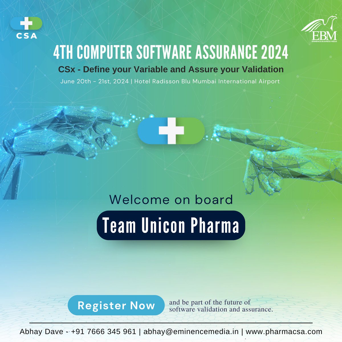 eminence_group9's tweet image. Welcome on board team Unicon Pharma Inc for the 4th Computer Software Assurance 2024 CSx-Define your Variable and Assure your Validation scheduled for June 20th-21st, 2024. 
Register today - lnkd.in/dx8FktNu
#ebmcsa2024 #computersoftwareassurance