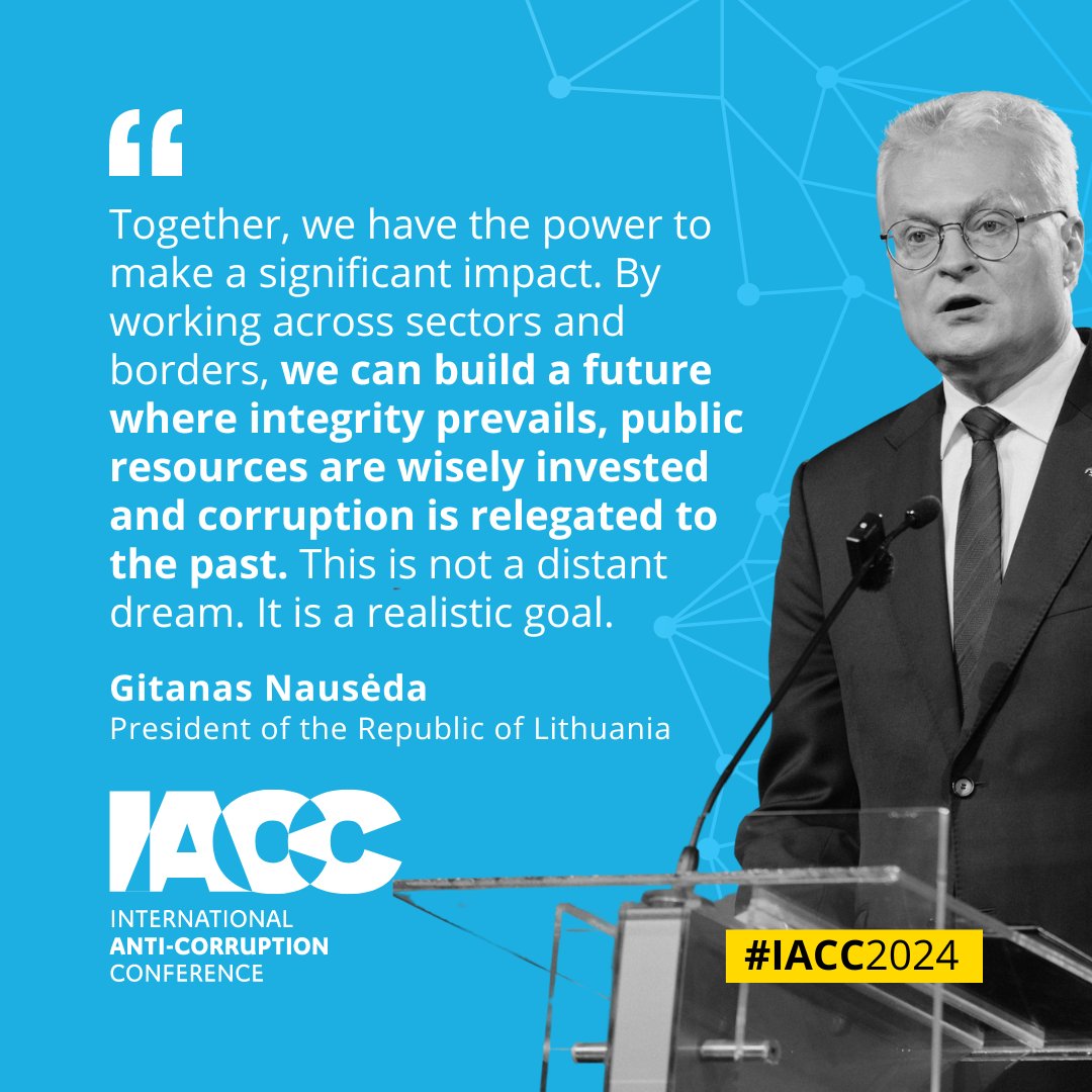 International Anti-Corruption Conference (@iaccseries) on Twitter photo "Together, we have the power to make a significant impact. By working across sectors and borders, we can build a future where integrity prevails, public resources are wisely invested & corruption is relegated to the past." - <a href="/GitanasNauseda/">Gitanas Nausėda</a>, President of Lithuania. #IACC2024 "Together, we have the power to make a significant impact. By working across sectors and borders, we can build a future where integrity prevails, public resources are wisely invested & corruption is relegated to the past." - <a href="/GitanasNauseda/">Gitanas Nausėda</a>, President of Lithuania. #IACC2024