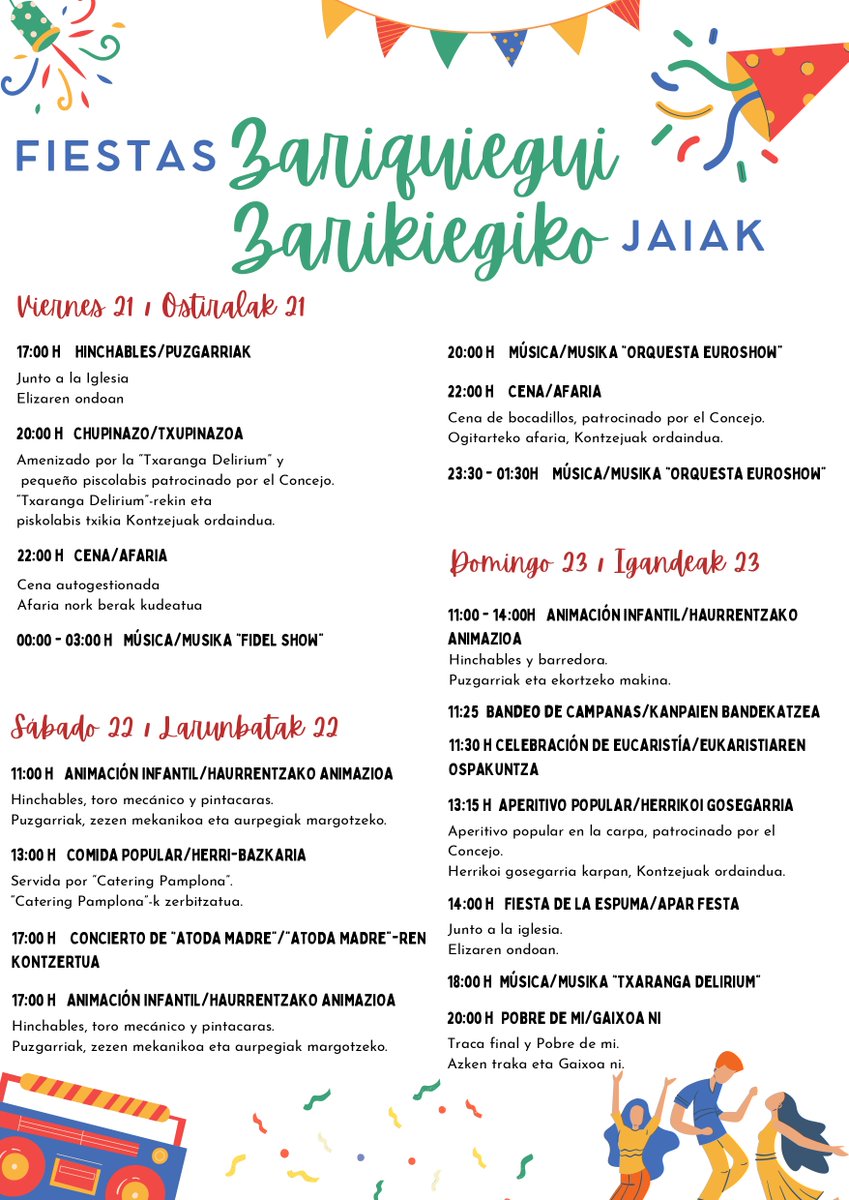 ¡Fiestas de Zariquiegui! 

¡Prepárate para un fin de semana lleno de diversión y celebración en Zariquiegui! Ven y disfruta de actividades para todas las edades, música en vivo, deliciosas comidas, y mucho más.