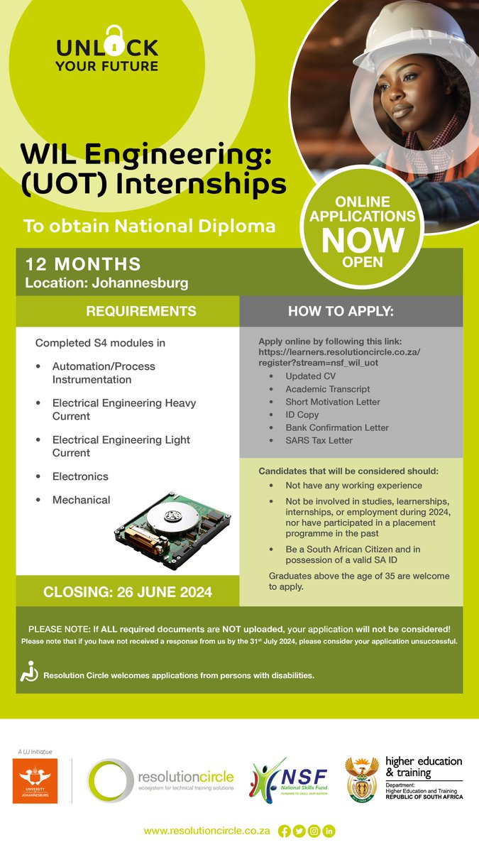 Gain work experience - funded Internship Opportunity for WIL students!
Apply here:
learners.resolutioncircle.co.za/register?strea…
Closing date: 26 June 2024
#resolutioncircle #uj #NSF #internship2024 #FundedInternship #johannesburg #WorkIntegratedLearning #disabilitysupport