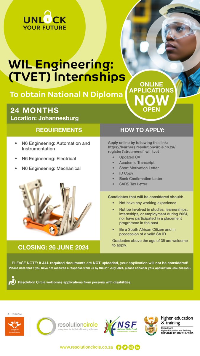 Gain work experience - funded Internship Opportunity for WIL students!
Apply here:
learners.resolutioncircle.co.za/register?strea…
Closing date: 26 June 2024
#resolutioncircle #uj #NSF #internship2024 #FundedInternship #johannesburg #WorkIntegratedLearning #disabilitysupport