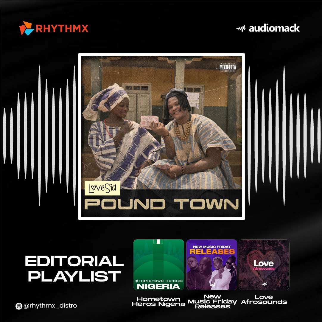 RhythmX_Distro's tweet photo. Thank you @spotifyafrica @boomplaynigeria @boomplayghana @audiomackafrica for the Editorial Playlist support for ‘Pound Town” by @iamlovesid
Stream “Pound Town” is out on all digital platforms
#distributedbyrhythmx #elevateyourreach https://t.co/ZqkRBqqcxe