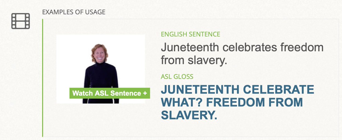 Today’s example #ASL gloss is an example of using the sign of the day (JUNETEENTH) in context. See it signed at signingsavvy.com/sotd

English Sentence: Juneteenth celebrates freedom from slavery.
ASL Gloss: JUNETEENTH CELEBRATE WHAT? FREEDOM FROM SLAVERY.