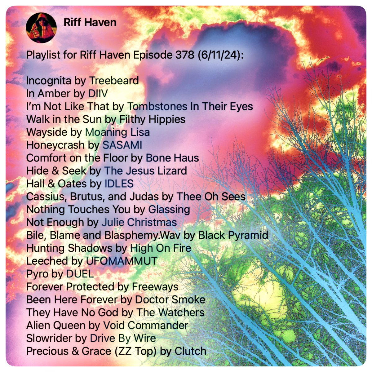 RiffHaven's tweet photo. #RiffHaven #Torche #LordBuffalo #SpiritMother #Abrams #Quicksand #Failure #Hum #CaveIn #Converge #ChelseaWolfe #Goya #SerpentCobra #EarthTongue #ElephantTree #Alunah #HippieDeathCult https://t.co/ENDUQTRlQf