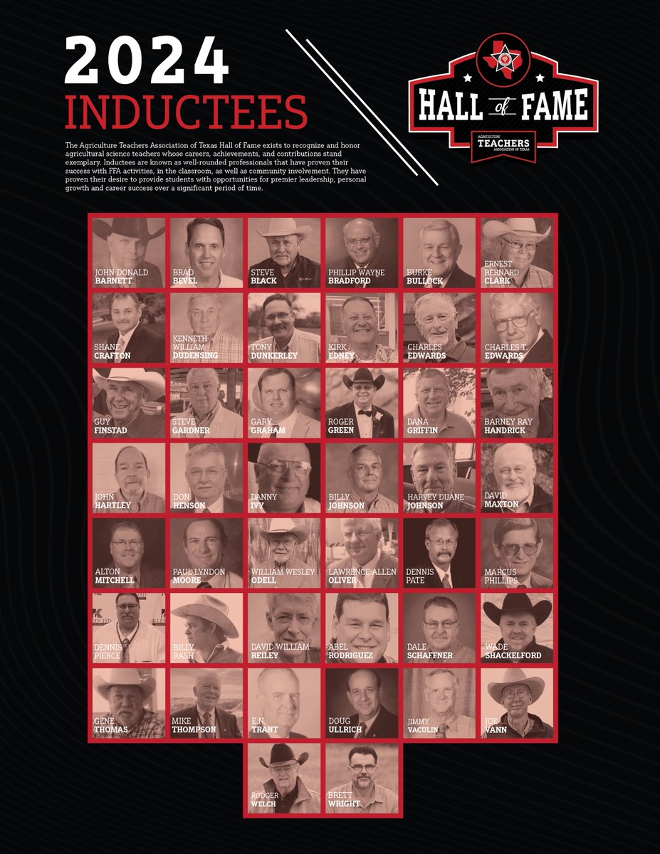 Congratulations to the 2024 class of the Agriculture Teachers Association of Texas Hall of Fame. We look forward to celebrating them at the 2024 ATAT Professional Development Conference!