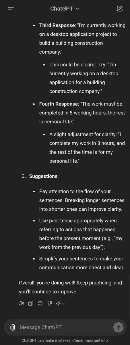 Barusan banget nyobain chatgpt biar jd personal assistant buat latihan bahasa Inggris, hasil keren bgt dah 😭

Di akhir aku minta review kemampuan bahasa inggrisku, dan dikasih review yg cukup lengkap