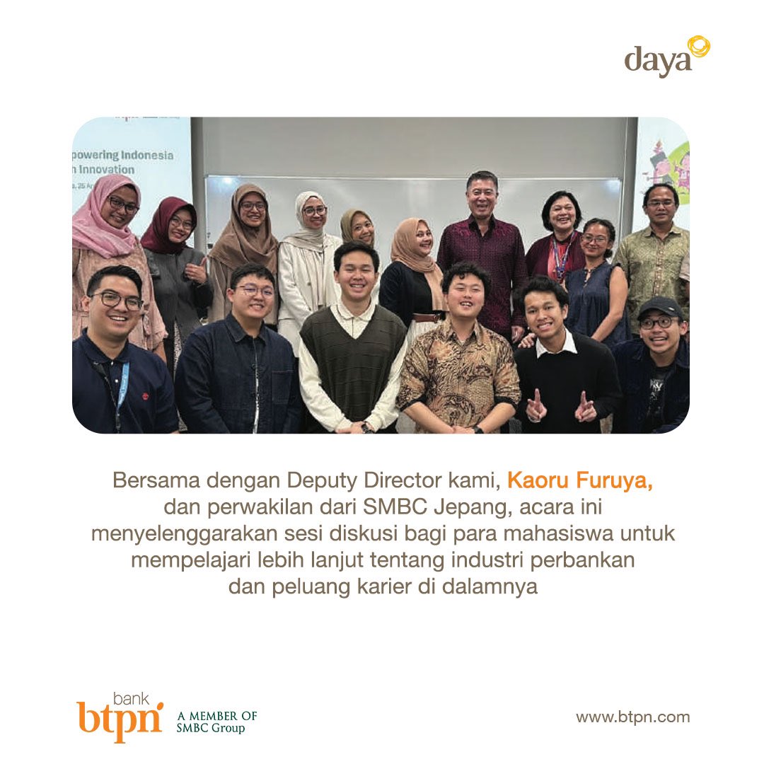 smbc_indonesia's tweet image. Bulan April lalu, Bank BTPN berkolaborasi dengan SMBC Jepang untuk berkesempatan terlibat dan menjalin hubungan dengan para pelajar Indonesia dari tiga kota di Jepang.

Ingin tahu lebih lanjut ceritanya? Temukan di sini!

#LebihBerarti #MakingTheDifference #MoreThanAJourney

—…
