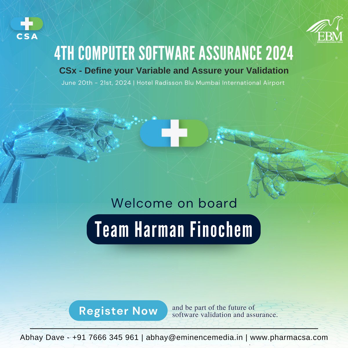 eminence_group9's tweet image. Welcome on board team Harman Finochem Ltd  for the 4th Computer Software Assurance 2024 CSx-Define your Variable and Assure your Validation scheduled for June 20th-21st, 2024. 
Register today - lnkd.in/dx8FktNu
#ebmcsa2024 #computersoftwareassurance