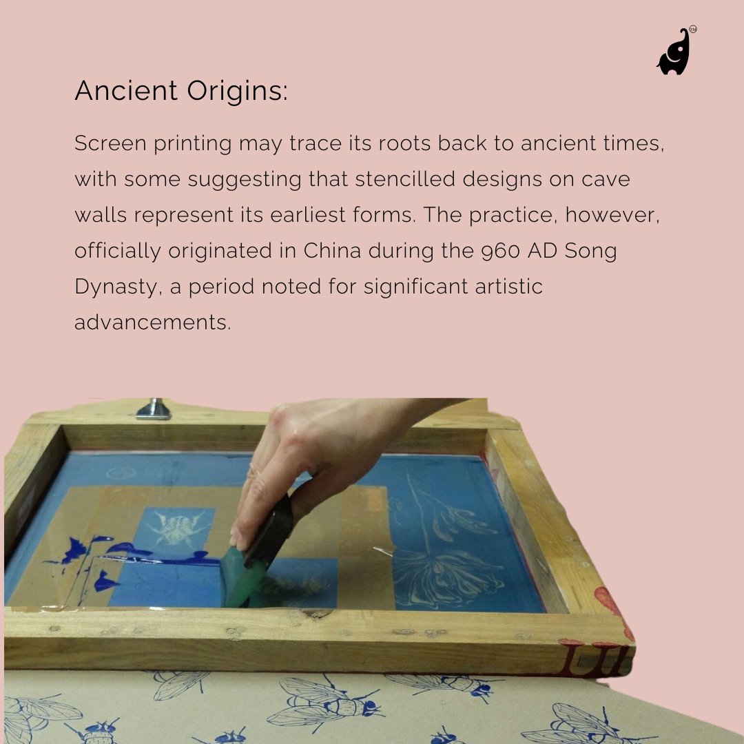 Hopebowkids's tweet photo. Screen printing on textiles, which some argue has origins as ancient as stencilled cave designs, officially began in China during the Song Dynasty around 960 AD. This period was marked by significant artistic advancements, laying the foundation for modern screen printing. https://t.co/EnXUvplDzw