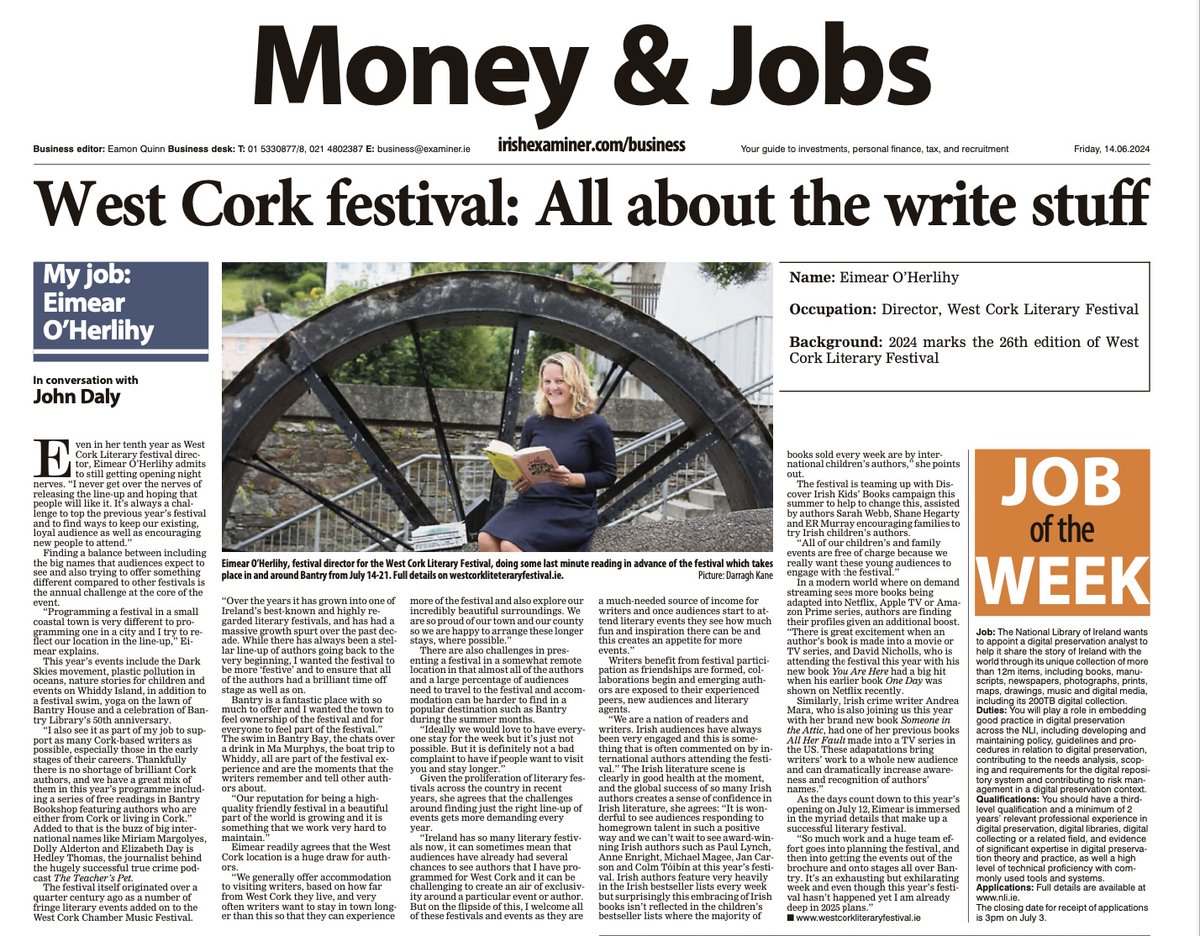 wcorklitfest's tweet image. Thanks to our media sponsors The Irish Examiner for this feature on our director, Eimear, which appeared in last Friday&apos;s paper. If you&apos;ve ever wondered what her job involves here&apos;s a snapshot. It&apos;s not just reading books! 📸 @DKanePhoto at the #BantryLibrary mill wheel