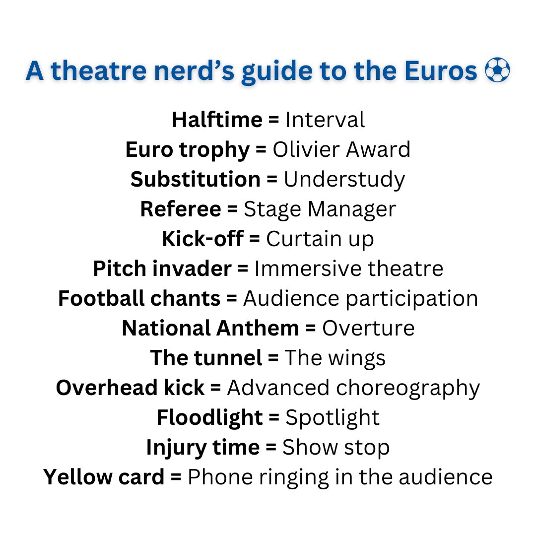 NimaxTheatres's tweet image. As self-proclaimed theatre nerds, we thought we’d share this useful guide for those of us tuning in to the Euros over the next few weeks ⚽🎭