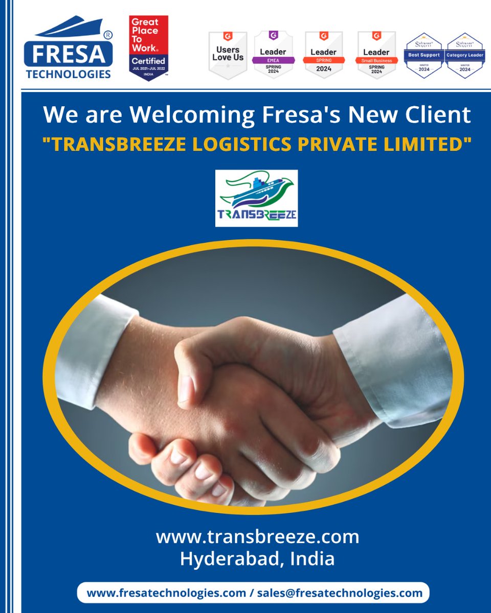 fresatechnology's tweet photo. We are Welcoming Fresa's New Client
"TRANSBREEZE LOGISTICS PRIVATE LIMITED"
https://t.co/Ul9tZai9Ku
Hyderabad, India.
#fresa | #LeaderSmallBusinessSpring2024 | #UsersLoveUs | #newcustomer | #onboard | #newclient | #welcome | #Transbreeze https://t.co/H8L8FejZfg