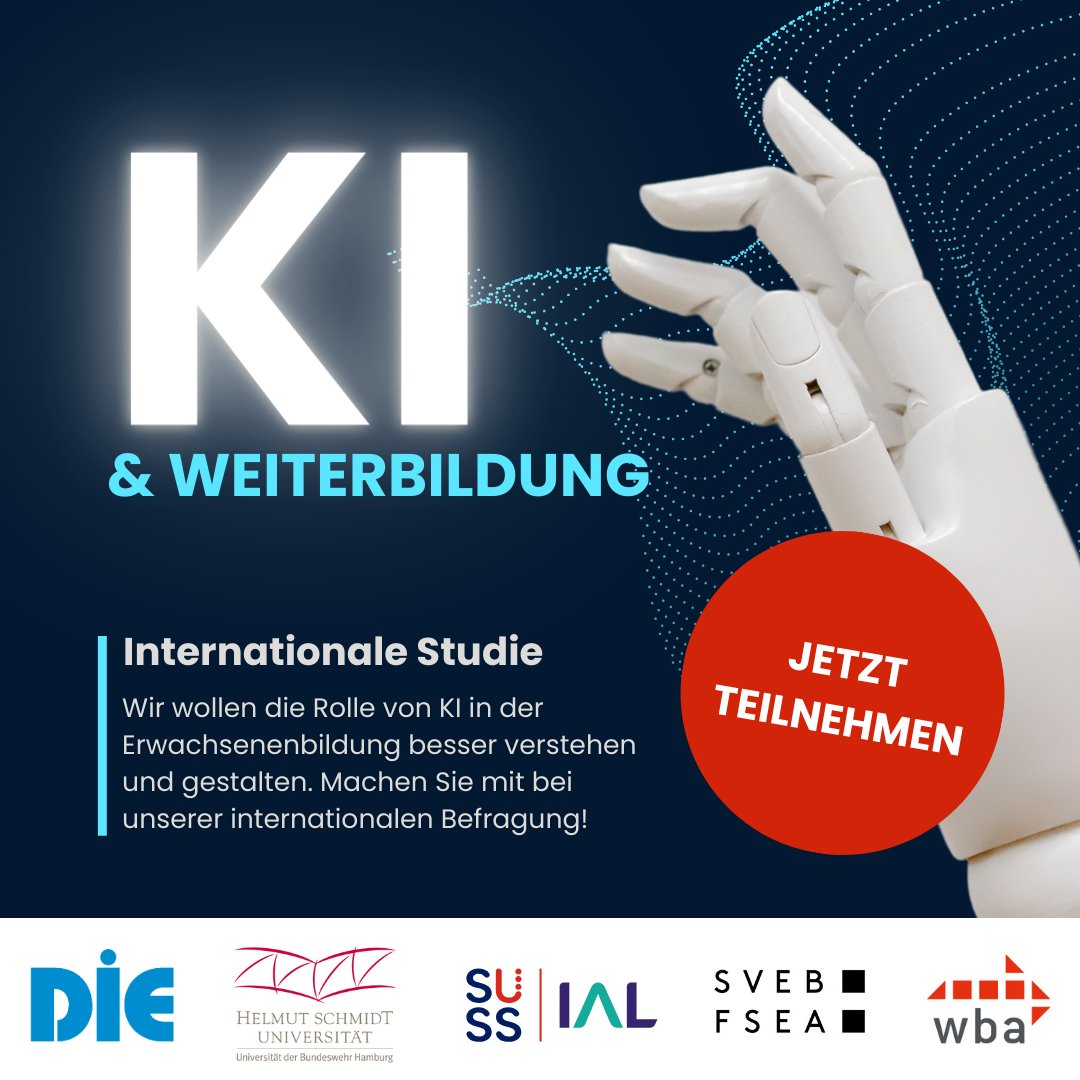🤖📚👩🏾‍🎓Wir wollen die Rolle der Künstlichen Intelligenz (#KI) in der #Erwachsenenbildung besser verstehen und Möglichkeiten identifizieren, #Weiterbildung mit KI zu gestalten. Nehmen Sie teil an unserer Studie von Forschenden aus über 20 Ländern! 
📷 t1p.de/3c9n5