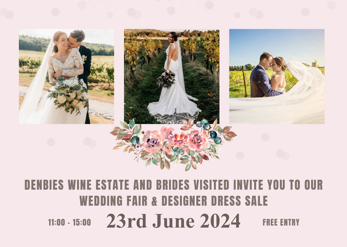 Wedding Fair and Bridal Sale at Denbies Wine Estate

-Date: Sunday, 23rd June
-Time:11:00 AM - 3:00 PM
-Location: Denbies Wine Estate, Dorking, Surrey
-Free entry &amp; free parking
-Massive Bridal Sale: Over 150 wedding dresses from just £200
-Huge Discounts
-Try and Buy on the day